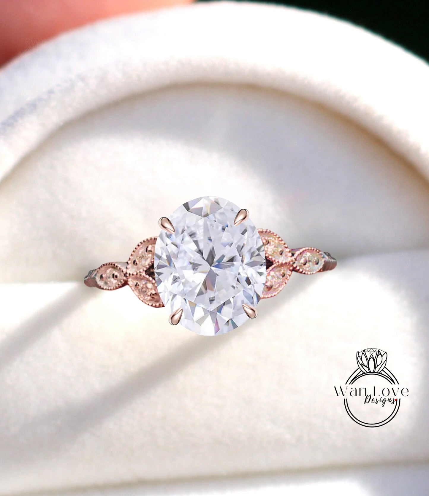 White Sapphire & Diamond Oval Leaf Antique Cluster Engagement Ring Engraved Milgrain or Smooth 14kt 18kt Gold Platinum Custom Wedding