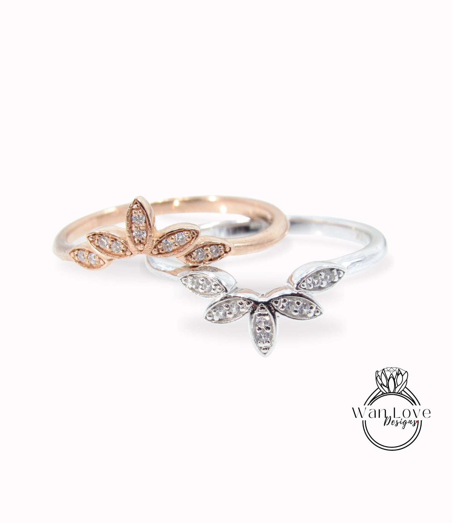 14K Solid Gold Rings/Art Deco Diamond 5 Leaves Wedding Band/ Lotus Matching Band/5 Leaf Ring/Promise Ring/Gift for Her