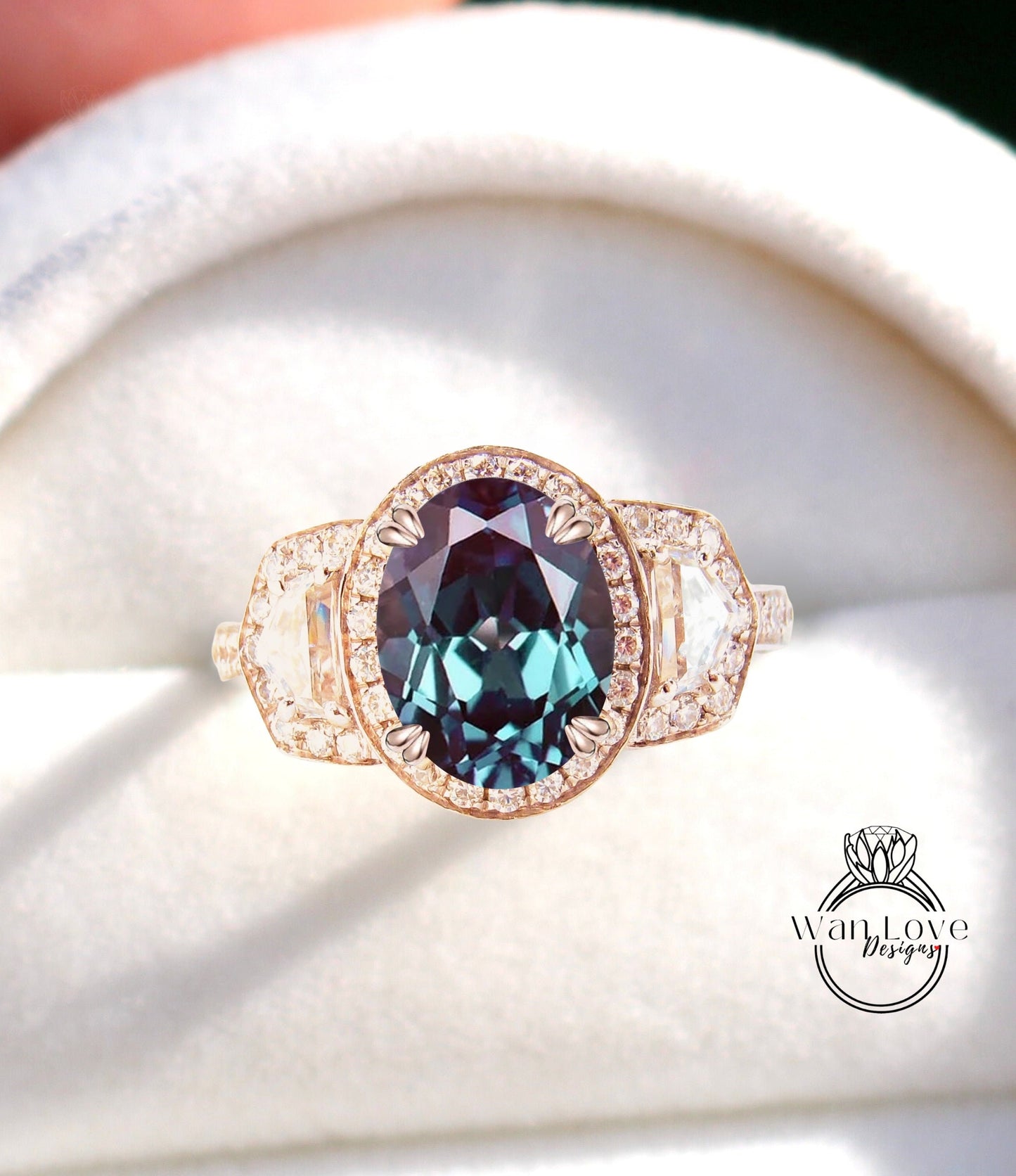 Oval Alexandrite engagement ring rose gold ring vintage ring half moon diamond halo pave 3 sided ring art deco unique Wedding Anniversary