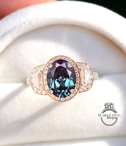 Oval Alexandrite engagement ring rose gold ring vintage ring half moon diamond halo pave 3 sided ring art deco unique Wedding Anniversary