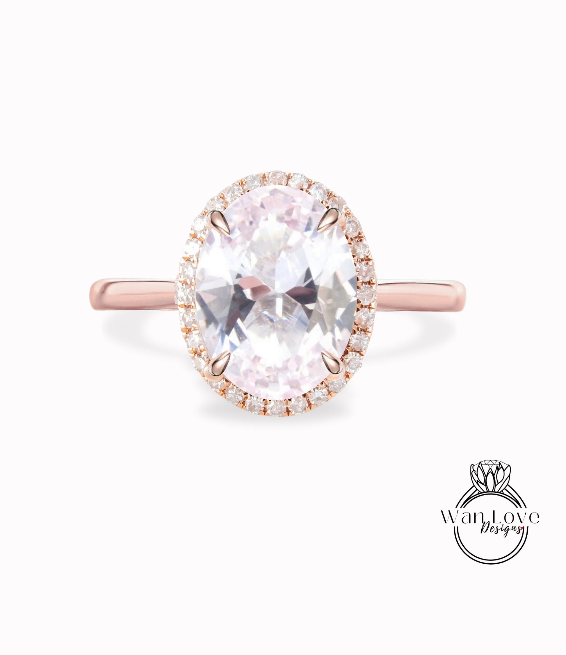 Oval cut Light Pink Sapphire engagement ring rose gold ring diamond halo tapered plain thin dainty band art deco anniversary promise ring