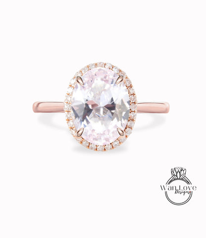 Oval cut Light Pink Sapphire engagement ring rose gold ring diamond halo tapered plain thin dainty band art deco anniversary promise ring