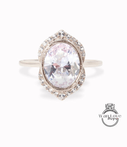 Light Pink Sapphire & Diamond Art Deco Unique Oval Bezel Halo WITH Without Milgrain Engagement Ring, Custom,14k 18k Rose Gold,WanLoveDesigns