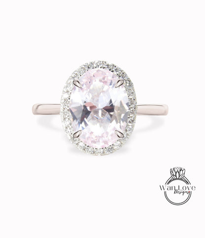 Oval cut Light Pink Sapphire engagement ring rose gold ring diamond halo tapered plain thin dainty band art deco anniversary promise ring