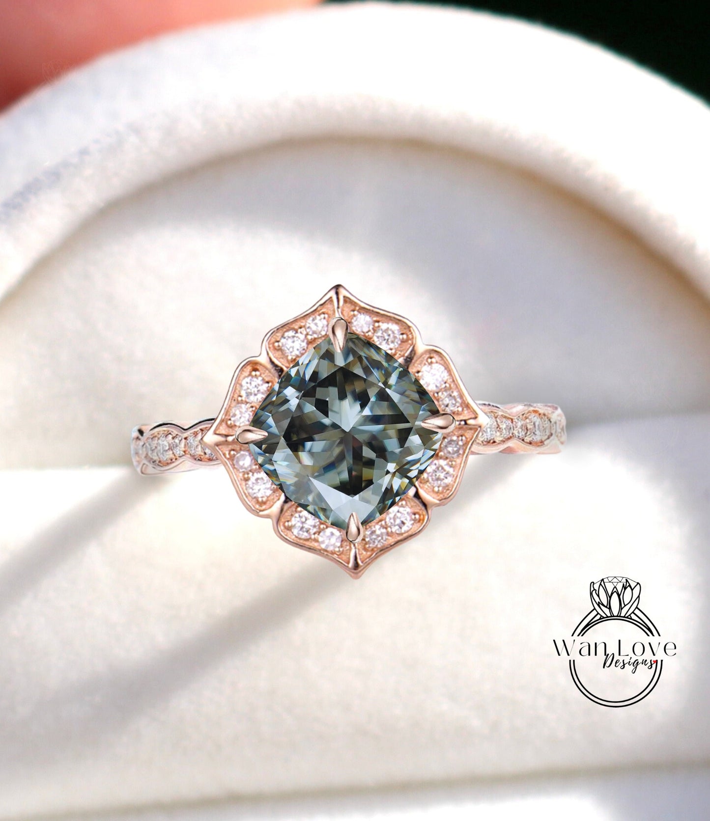 Vintage Grey Moissanite Engagement Ring diamond cushion halo Ring Antique milgrain rose gold prong scalloped Wedding Bridal Anniversary Ring