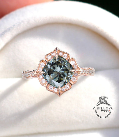 Vintage Grey Moissanite Engagement Ring diamond cushion halo Ring Antique milgrain rose gold prong scalloped Wedding Bridal Anniversary Ring