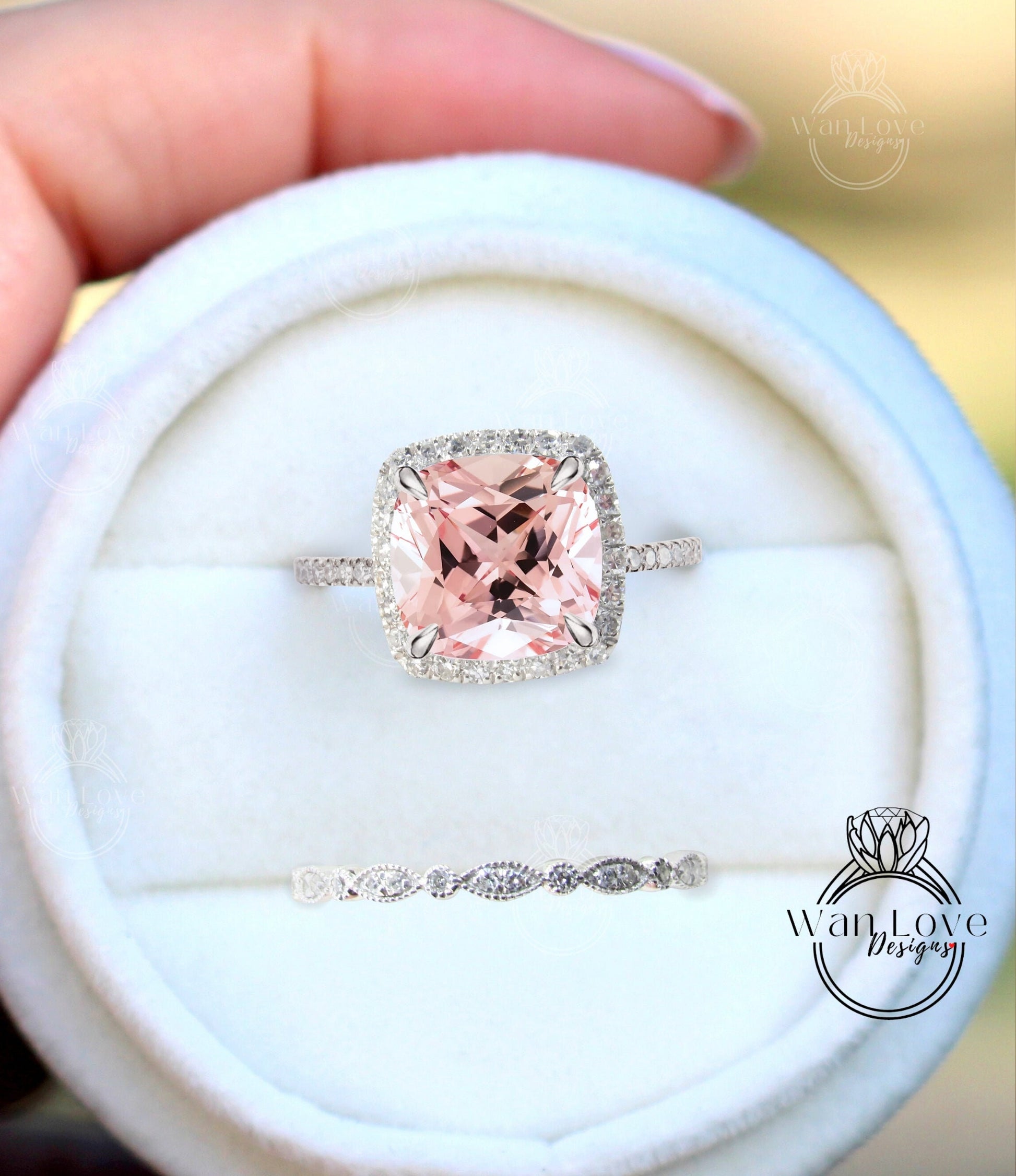 Peach Sapphire engagement ring set Rose gold Vintage diamond halo ring bridal set Antique milgrain wedding prong Bridal Anniversary ring