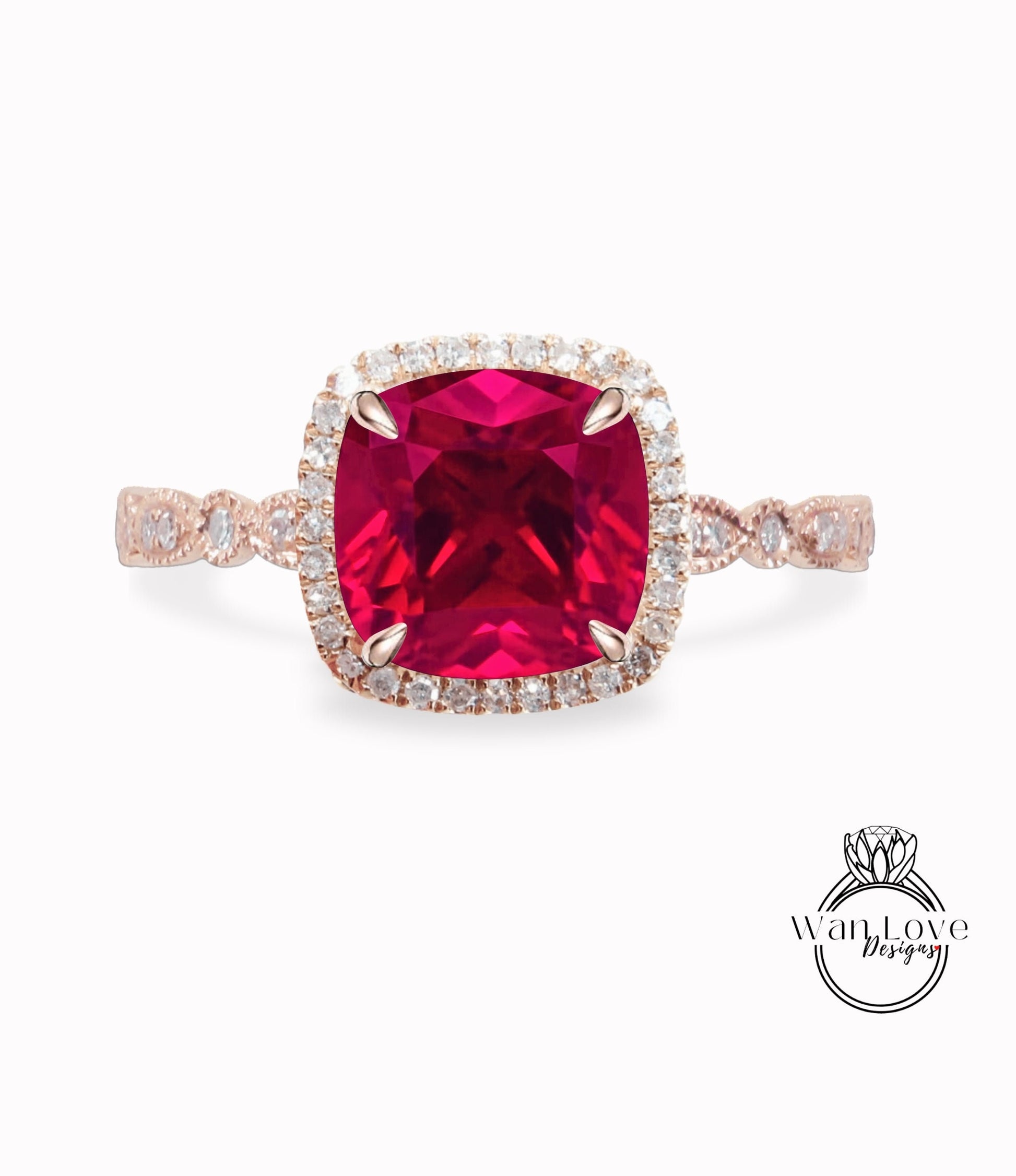 Ruby Engagement Ring, Cushion Halo Diamond Ruby Ring, Red Ruby Engagement Diamond Ring, Milgrain Leaf Scalloped Band