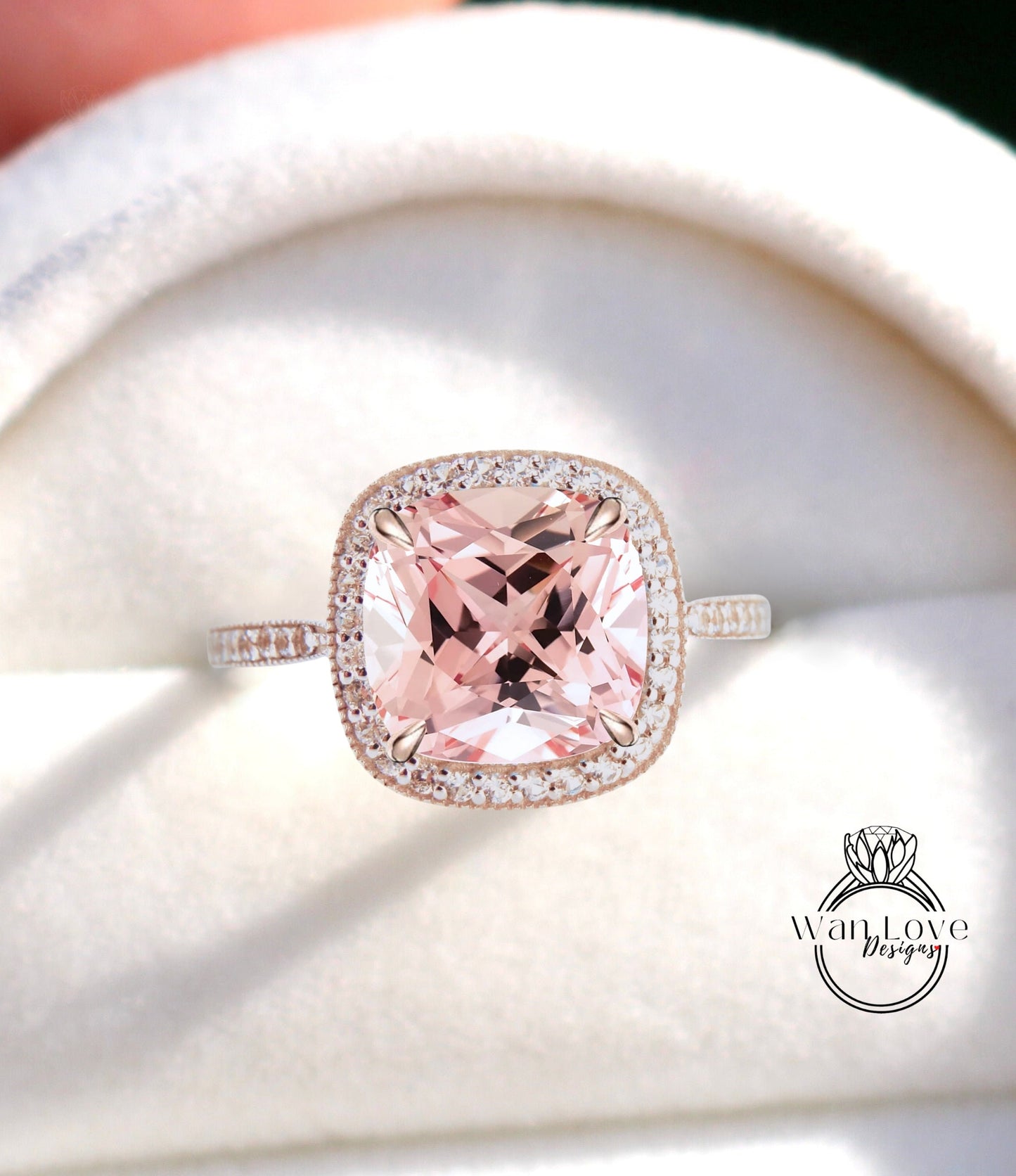 Cushion Cut Peach Sapphire Engagement Ring, Diamond Halo Wedding Ring, Half Eternity Diamond Milgrain Custom Ring, 14k/18k Gold Ring