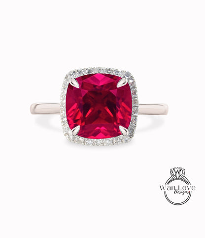 Cushion cut Ruby engagement ring rose gold halo ring diamond halo tapered plain thin dainty band art deco anniversary promise ring