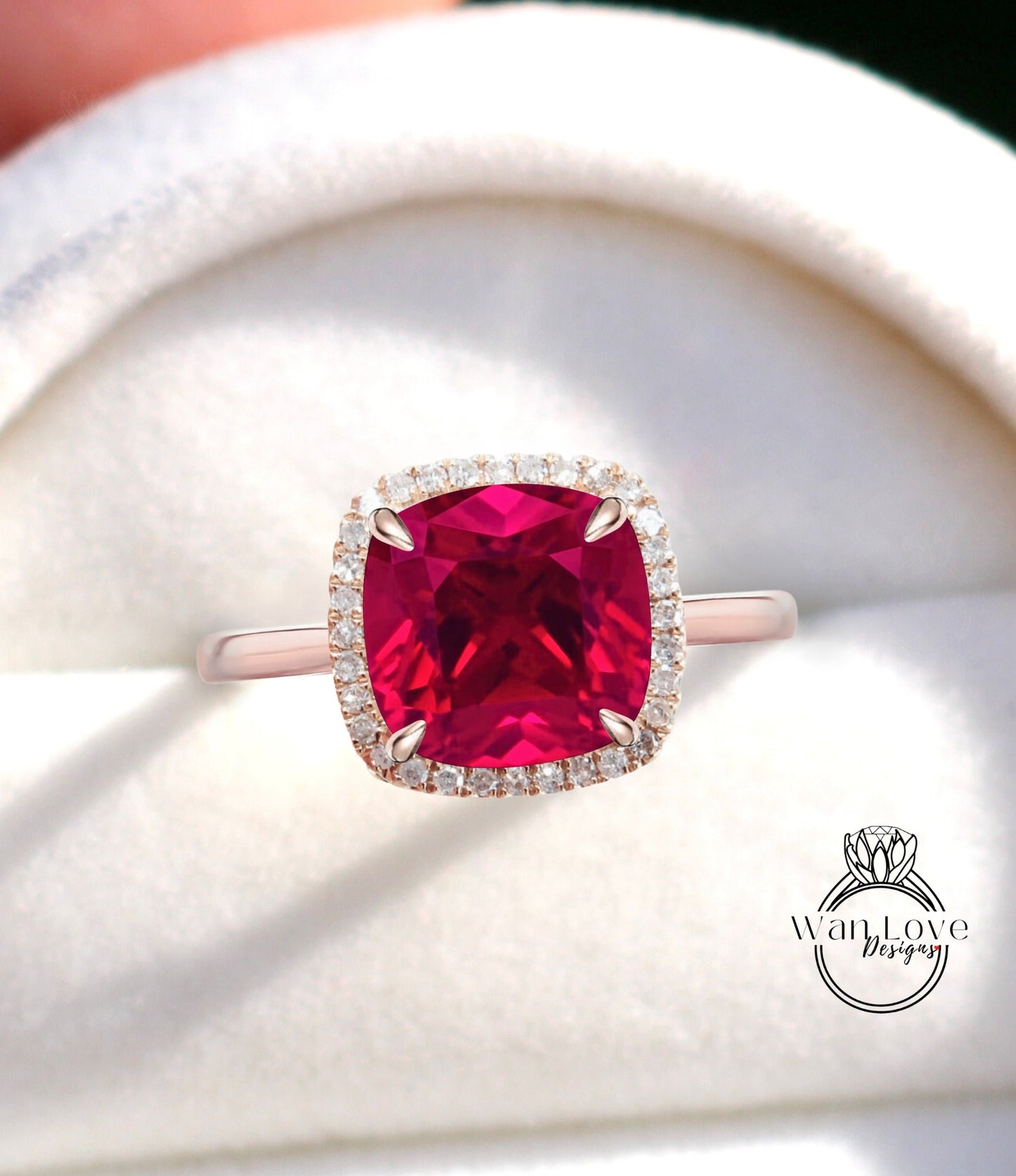 Cushion cut Ruby engagement ring rose gold halo ring diamond halo tapered plain thin dainty band art deco anniversary promise ring