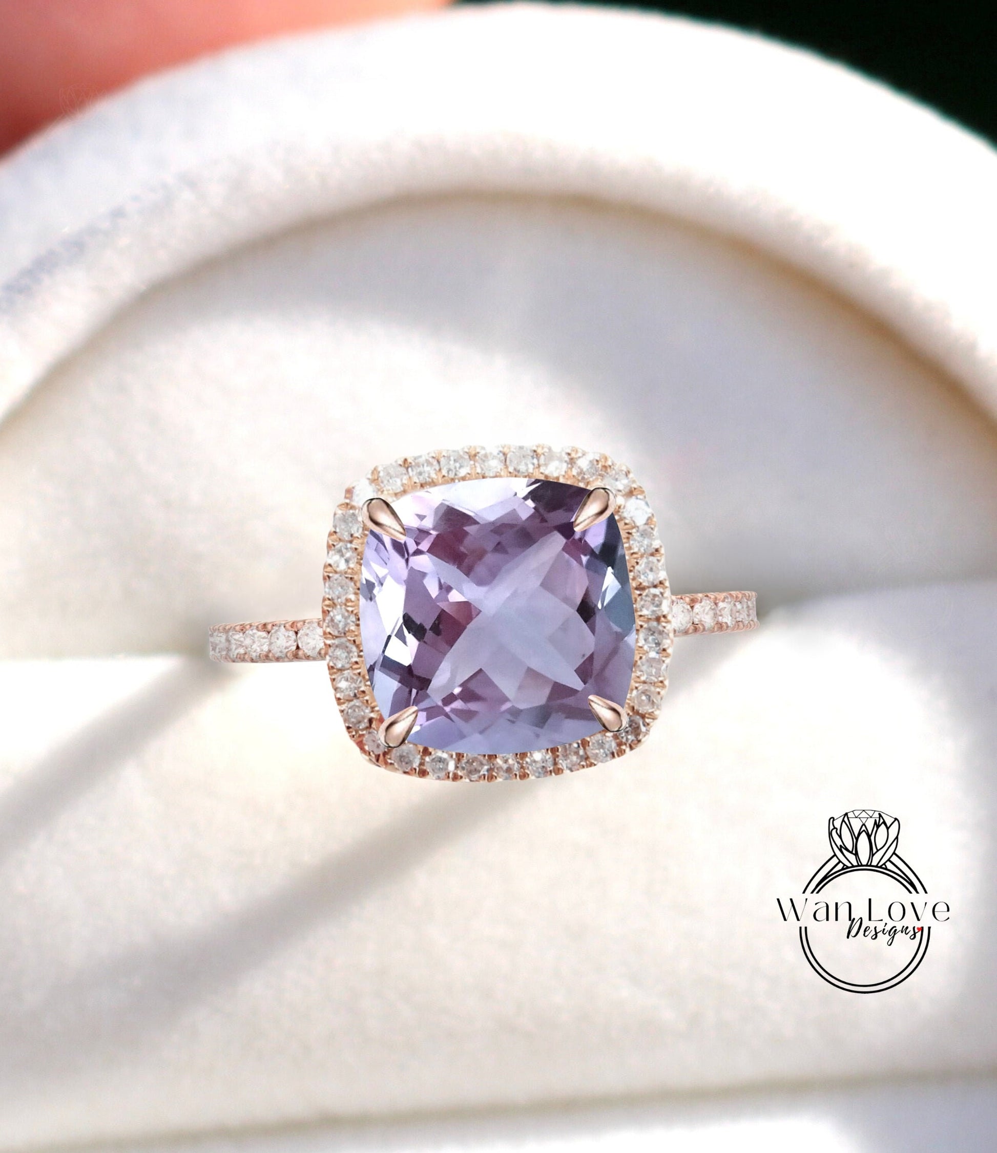 Lavender Amethyst & Diamond Halo Engagement Ring, Cushion, Round, Light, Custom, Wedding, Annievrsary Gift, Commitment