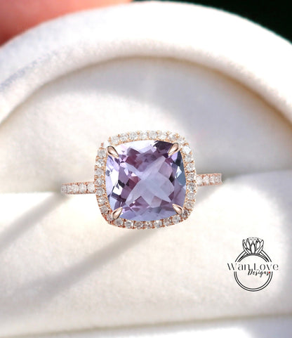 Lavender Amethyst & Diamond Halo Engagement Ring, Cushion, Round, Light, Custom, Wedding, Annievrsary Gift, Commitment