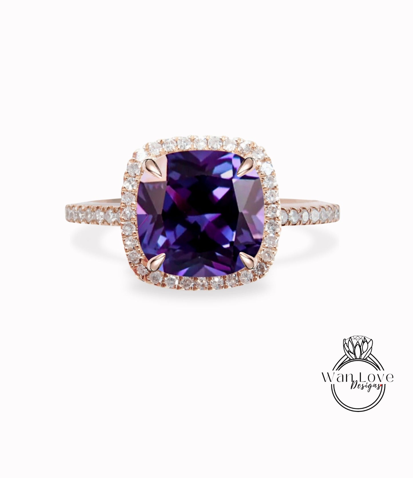 Purple Sapphire Alexandrite Color & Diamond Cushion Halo Engagement Ring, Custom, Wedding,14k 18k White Rose Yellow Gold,Platinum