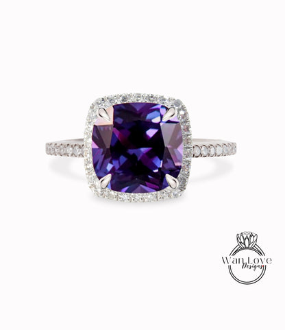 Purple Sapphire Alexandrite Color & Diamond Cushion Halo Engagement Ring, Custom, Wedding,14k 18k White Rose Yellow Gold,Platinum