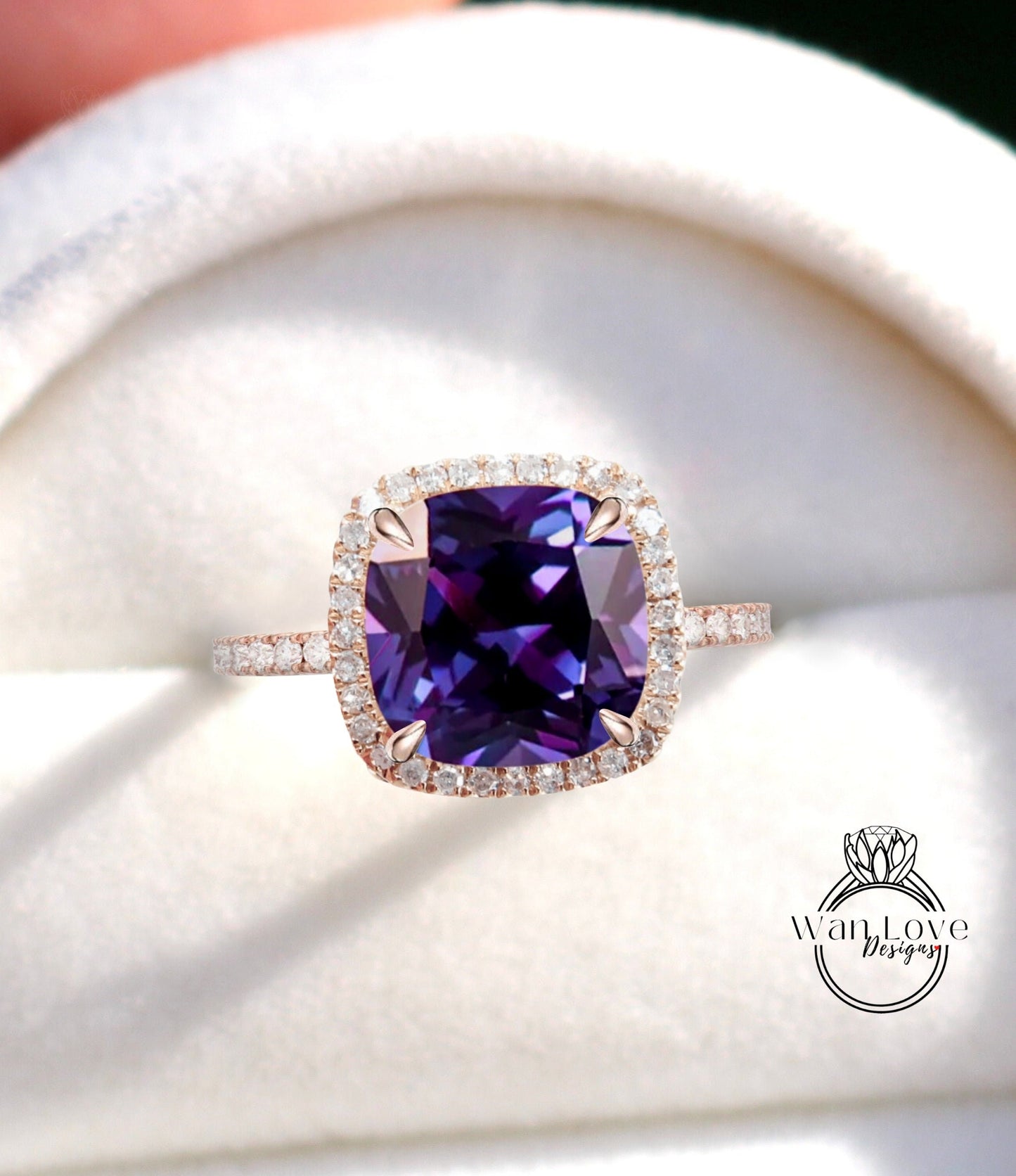 Purple Sapphire Alexandrite Color & Diamond Cushion Halo Engagement Ring, Custom, Wedding,14k 18k White Rose Yellow Gold,Platinum