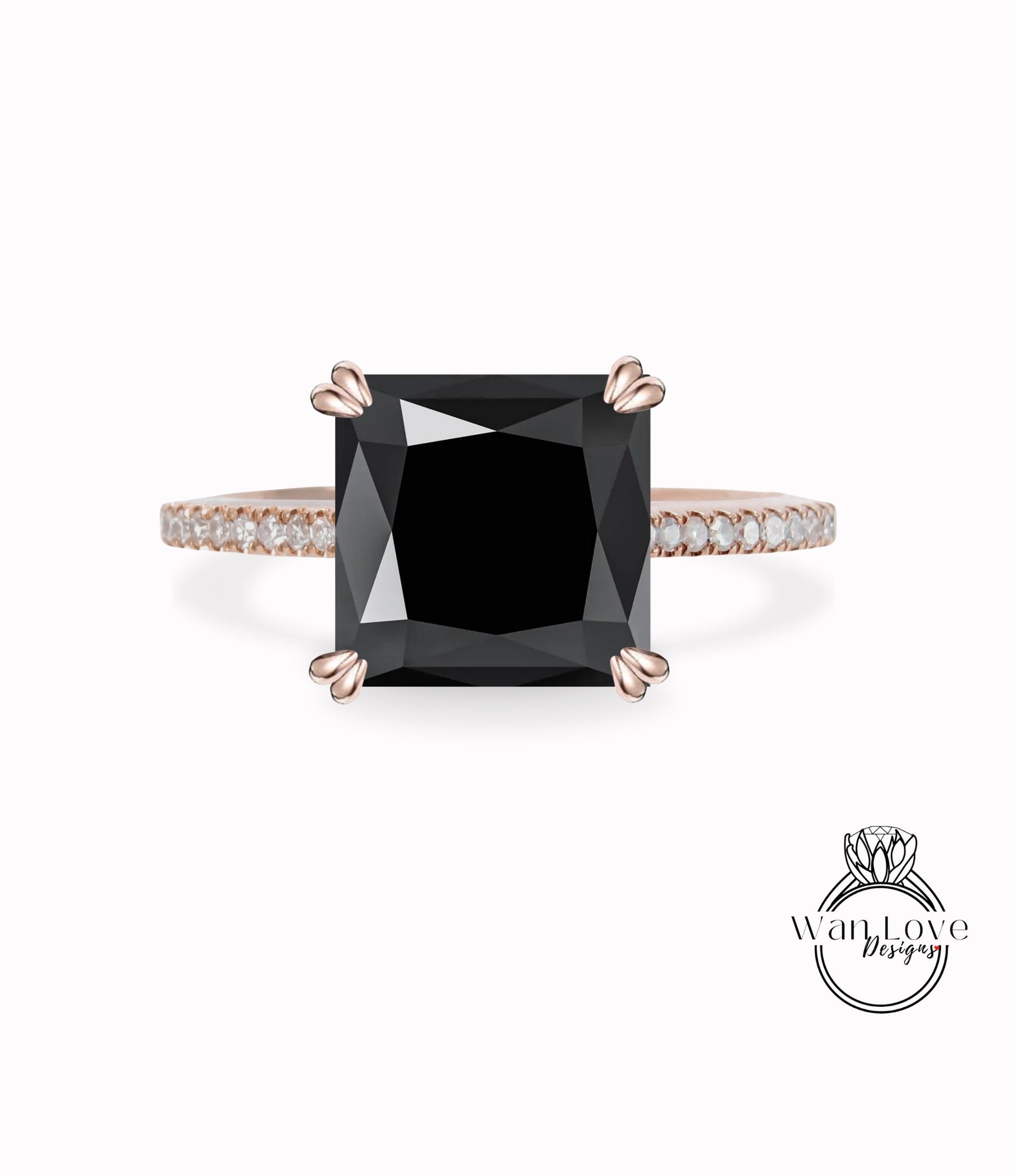 Black Spinel & Diamond Engagement ring Vintage Rose Gold Princess cut ring Unique Bridal Art deco square Solitaire Anniversary Promise ring