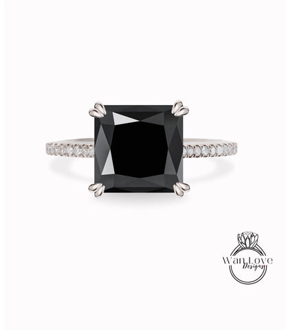 Black Spinel & Diamond Engagement ring Vintage Rose Gold Princess cut ring Unique Bridal Art deco square Solitaire Anniversary Promise ring