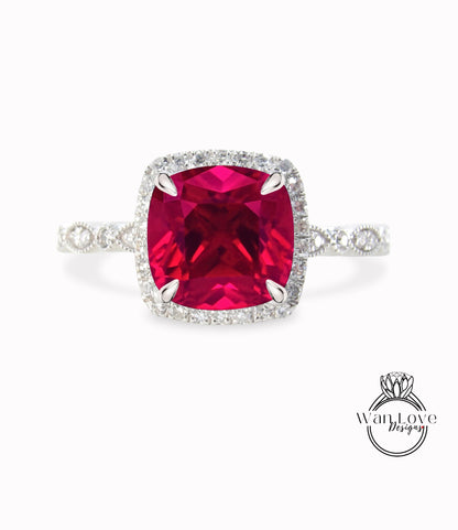 Ruby Engagement Ring, Cushion Halo Diamond Ruby Ring, Red Ruby Engagement Diamond Ring, Milgrain Leaf Scalloped Band