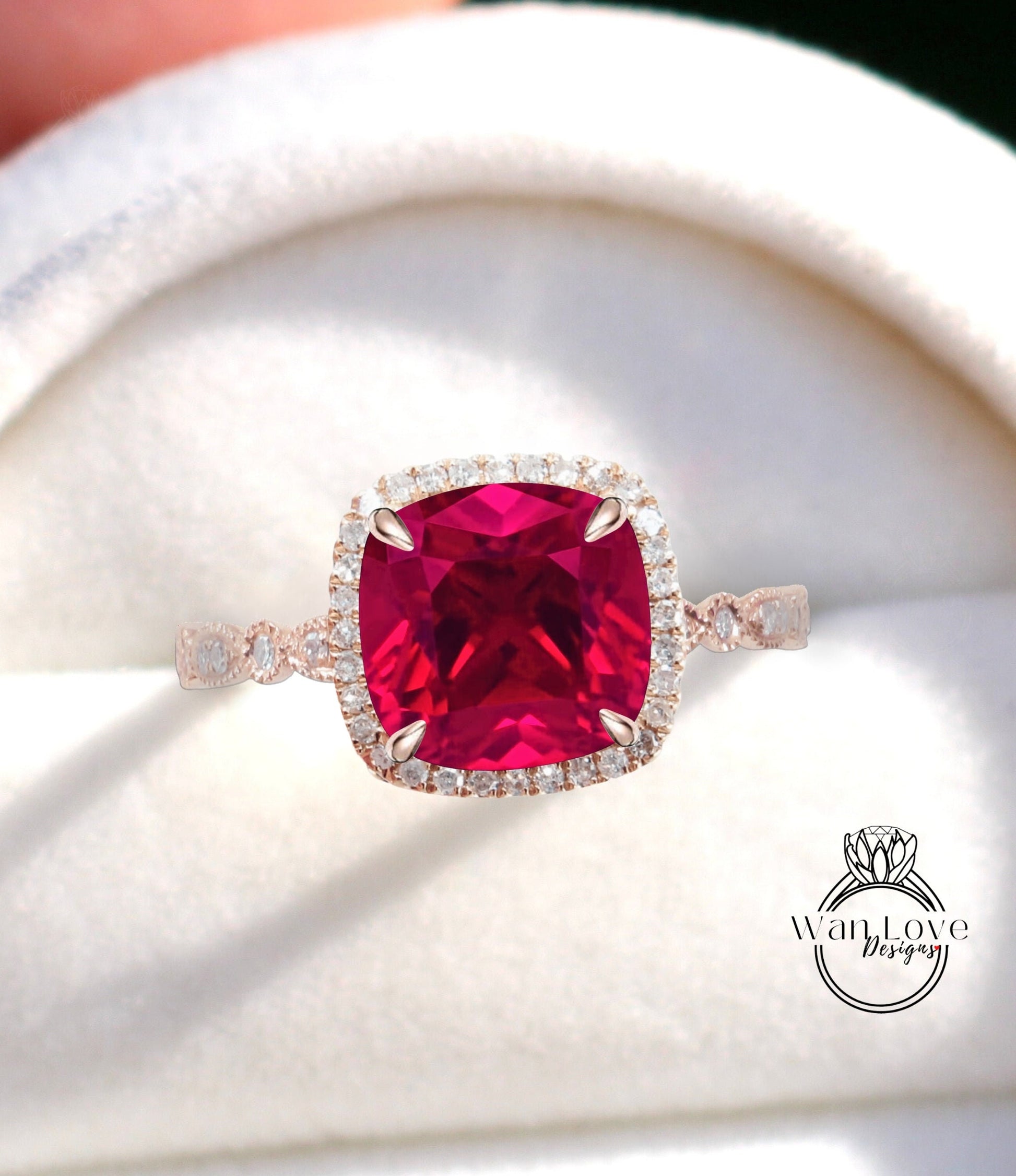 Ruby Engagement Ring, Cushion Halo Diamond Ruby Ring, Red Ruby Engagement Diamond Ring, Milgrain Leaf Scalloped Band