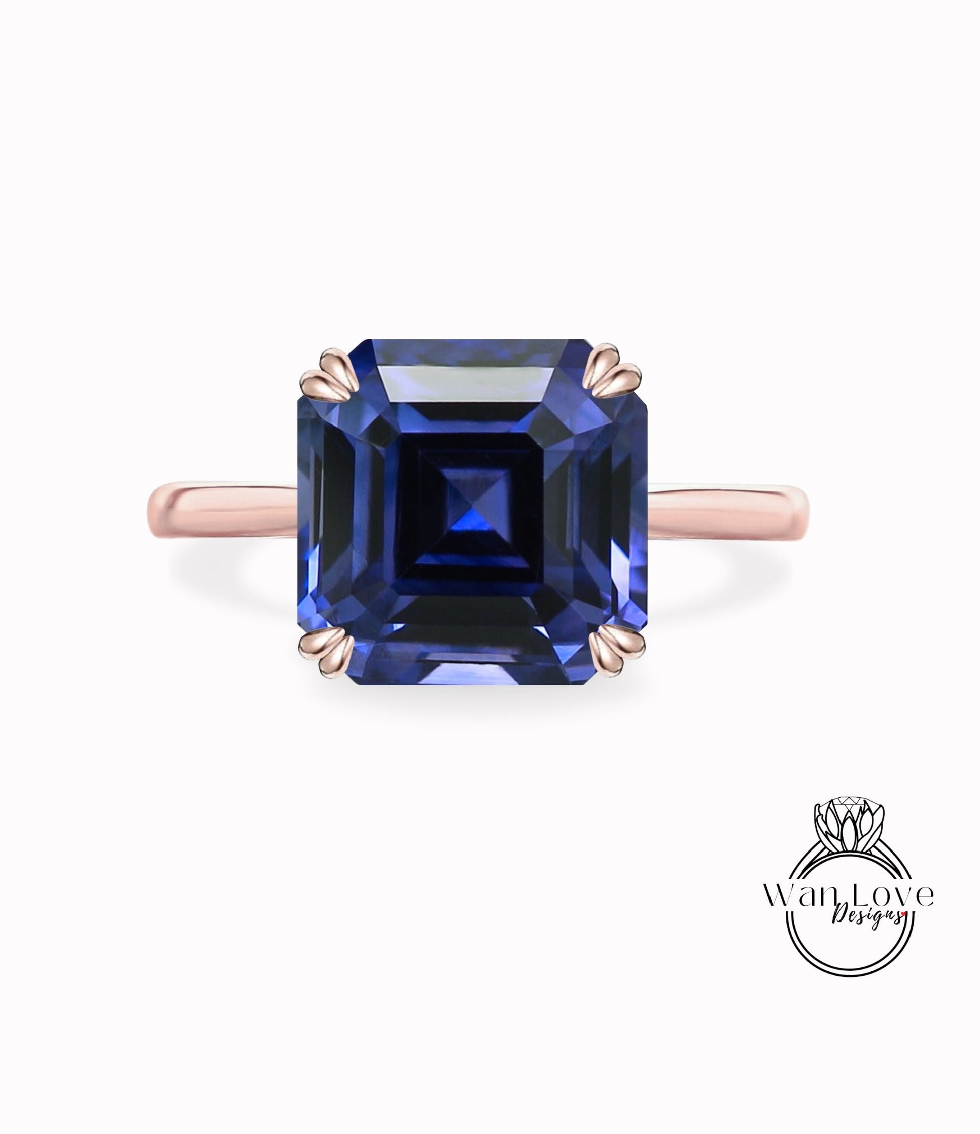 Asscher Blue Sapphire Double Prong Engagement Ring Solitaire 14k 18k White Yellow Rose Gold-Platinum-Custom-Wedding,WanLoveDesigns