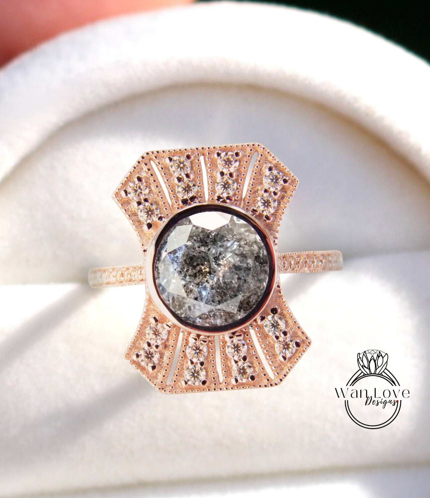 Vintage Salt & Pepper Diamond Engagement Ring, Art Deco salt and pepper halo ring, Milgrain round bezel ring, Moissanite ring with Diamonds