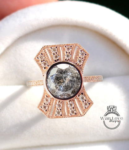 Vintage Salt & Pepper Diamond Engagement Ring, Art Deco salt and pepper halo ring, Milgrain round bezel ring, Moissanite ring with Diamonds