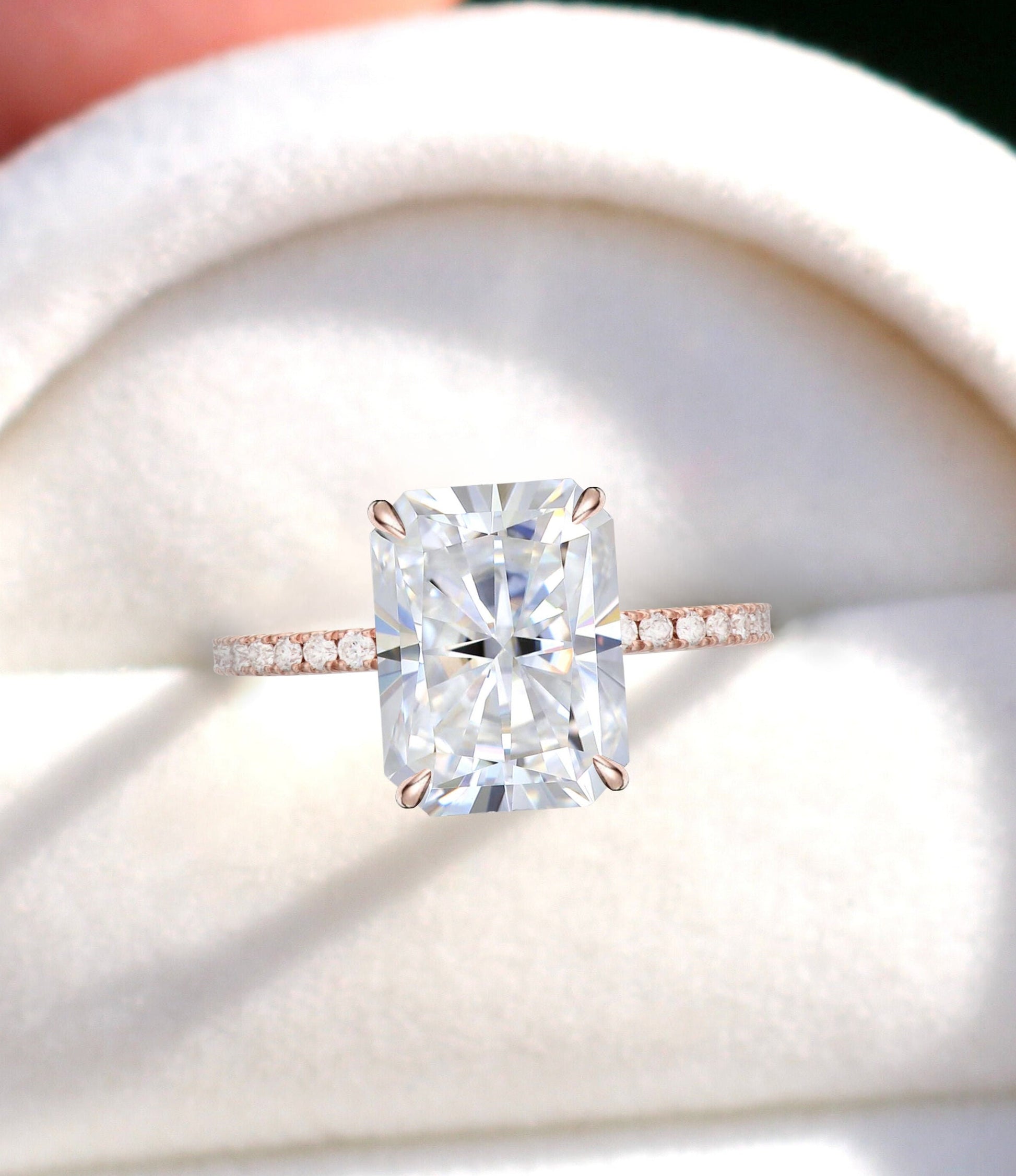 Moissanite engagement ring radiant cut ring white gold hidden side halo ring moissanite diamond ring vintage prong ring anniversary ring