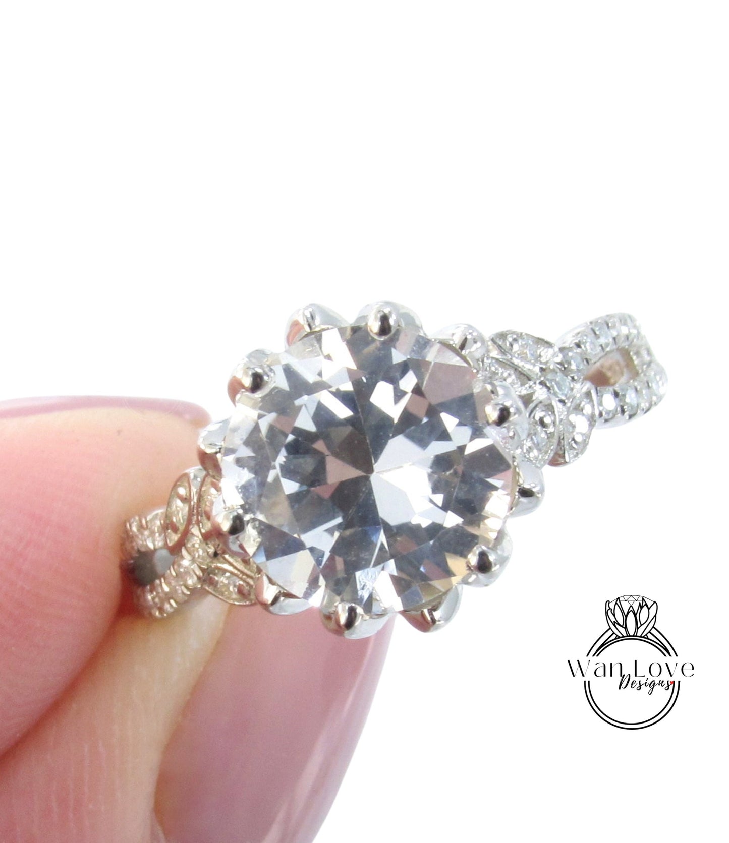 Lotus Flower White Sapphire & Moissanite Engagement Ring Split Shank Leaf ring 3ct round flower pave Wedding bridal Anniversary ring, Ready