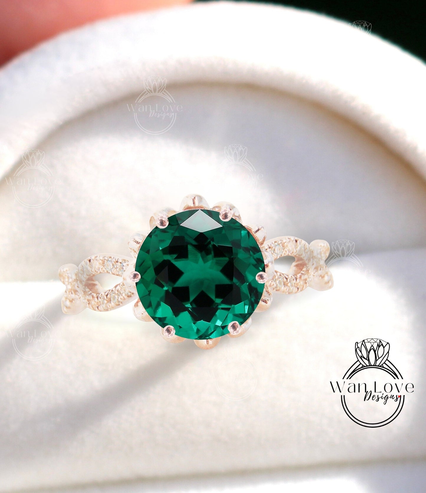 Emerald engagement ring vintage Lotus flower two row ring Diamond twisted ring rose gold unique floral Bridal Promise Anniversary ring