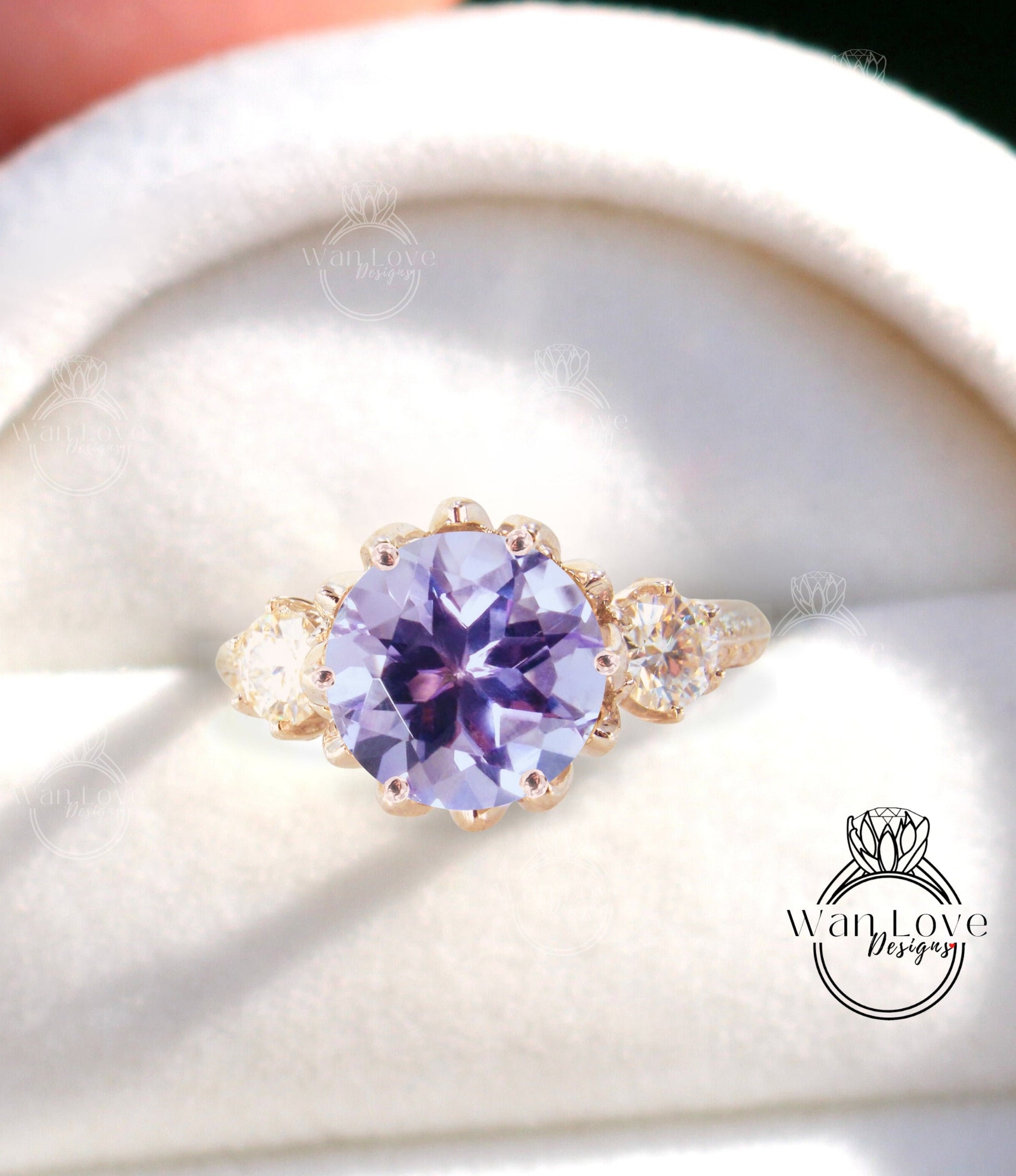 Lavender Amethyst & Diamond Lotus Flower 3 gemstone Engagement Ring, 14k 18k White Yellow Rose Gold-Platinum-Custom-Wedding-Anniversary