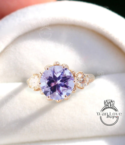 Lavender Amethyst & Diamond Lotus Flower 3 gemstone Engagement Ring, 14k 18k White Yellow Rose Gold-Platinum-Custom-Wedding-Anniversary