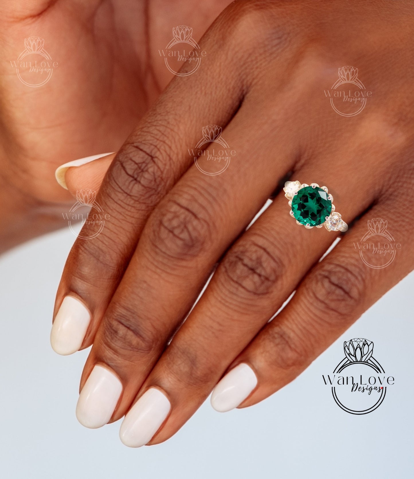 Green Emerald & Diamonds Lotus Flower 3 gemstone Engagement Ring, Round Flower Ring, Floral Rings, Wedding, Anniversary Gift