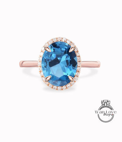 Oval cut Ocean Blue Spinel engagement ring rose gold halo ring diamond halo tapered plain thin dainty band art deco anniversary promise ring