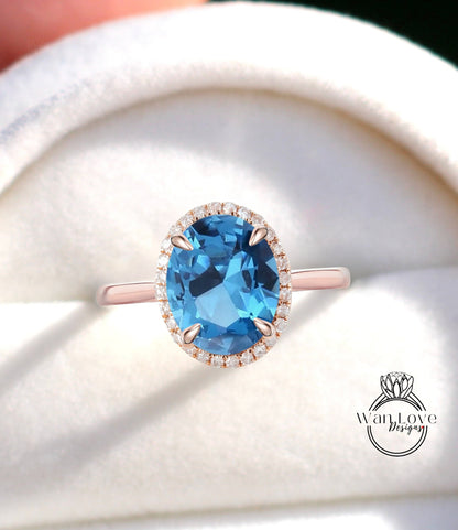 Oval cut Ocean Blue Spinel engagement ring rose gold halo ring diamond halo tapered plain thin dainty band art deco anniversary promise ring