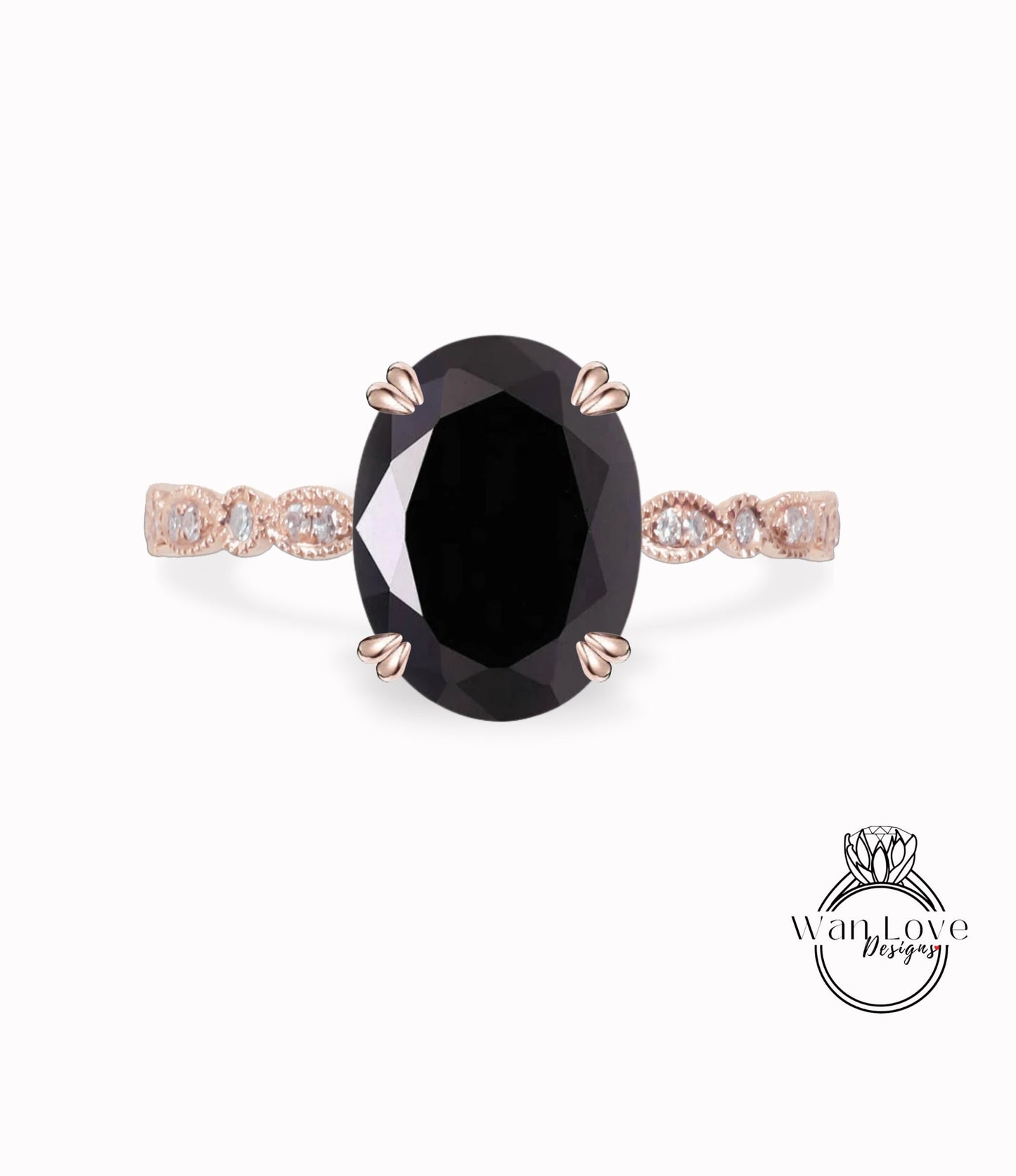 Vintage Oval cut Black Spinel engagement ring Rose gold ring Art deco Diamond Milgrain antique wedding Bridal Anniversary ring promise ring