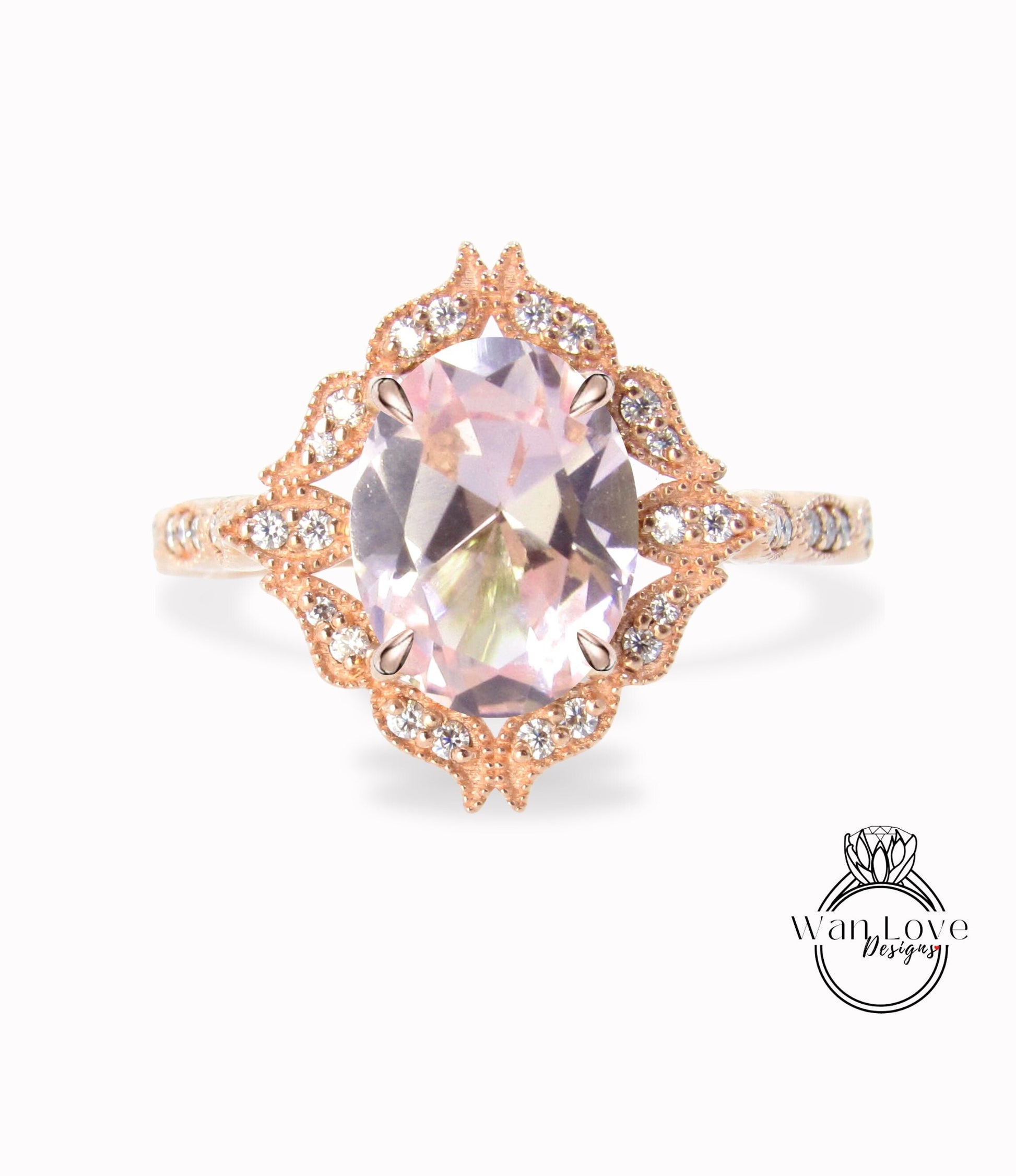 Vintage Peach Champagne Sapphire engagement ring solid 14k rose gold diamond halo ring art deco unique ring anniversary promise bridal ring