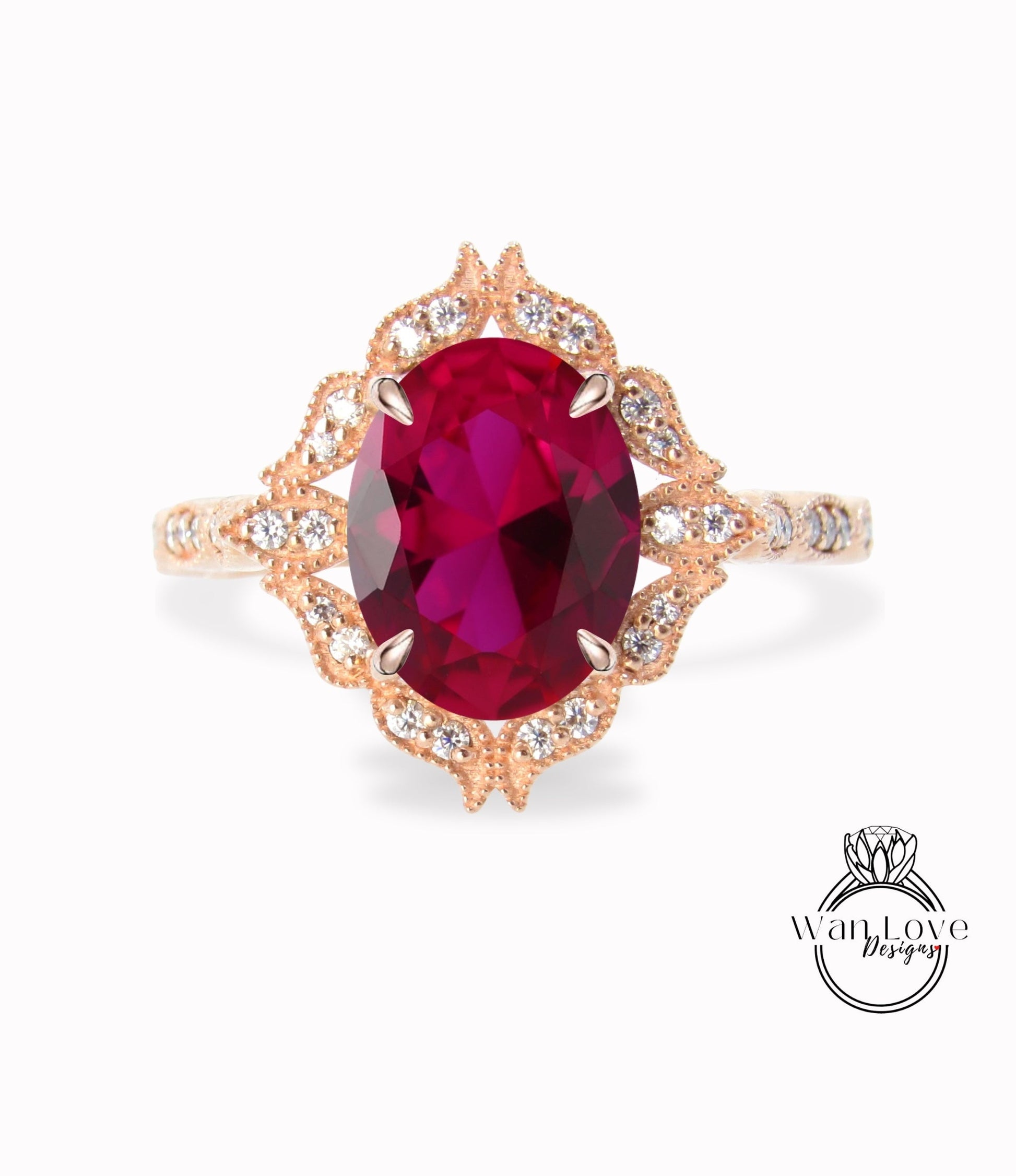 Oval Ruby Diamond Ring, Art Deco Ruby Floral Diamond Ring, Ruby Milgrain Ring vintage rose gold Engagement Ring promise anniversary ring