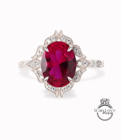 Oval Ruby Diamond Ring, Art Deco Ruby Floral Diamond Ring, Ruby Milgrain Ring vintage rose gold Engagement Ring promise anniversary ring