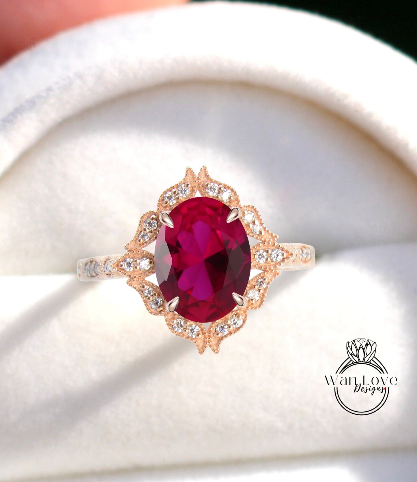 Oval Ruby Diamond Ring, Art Deco Ruby Floral Diamond Ring, Ruby Milgrain Ring vintage rose gold Engagement Ring promise anniversary ring