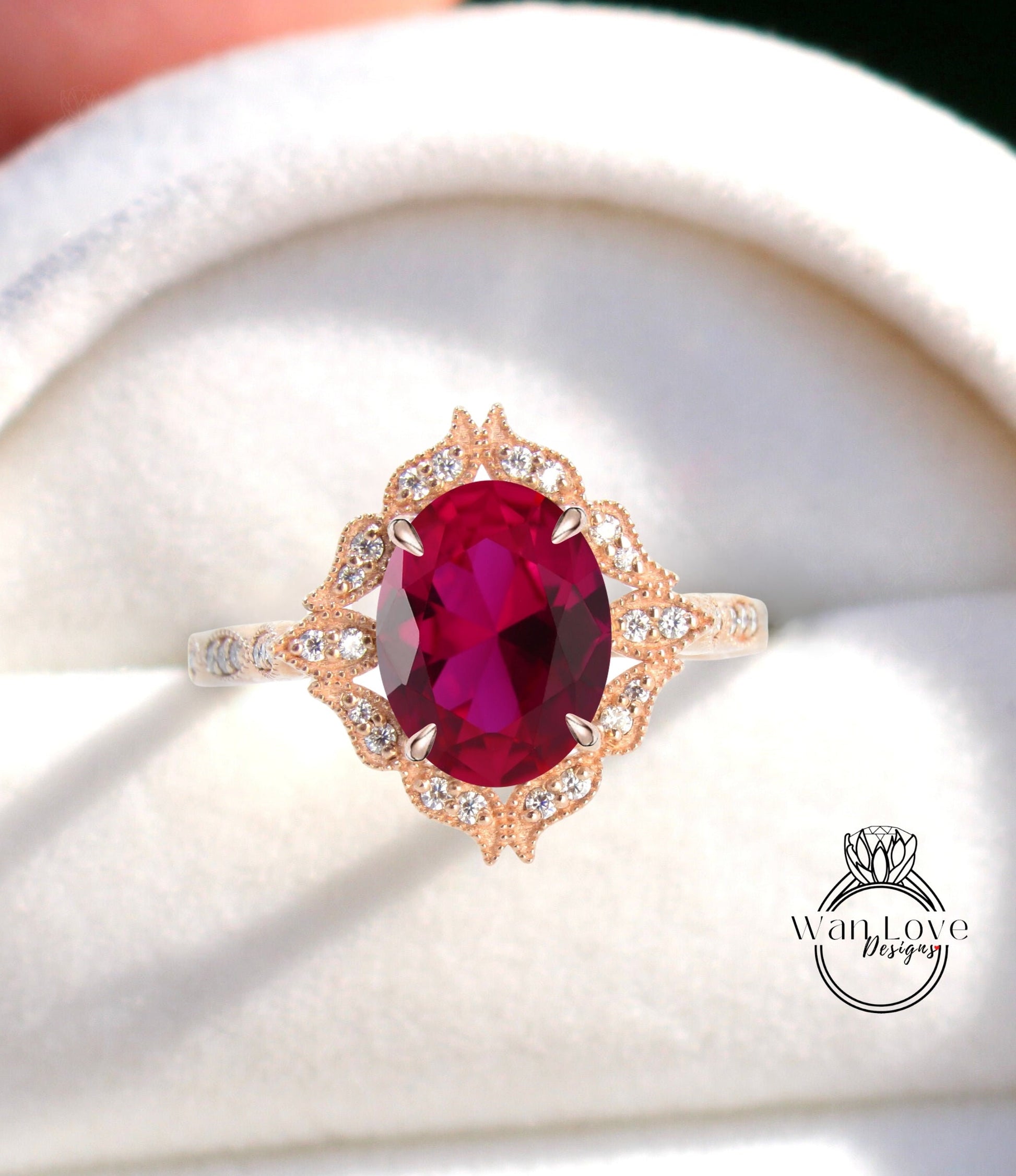 Oval Ruby Diamond Ring, Art Deco Ruby Floral Diamond Ring, Ruby Milgrain Ring vintage rose gold Engagement Ring promise anniversary ring