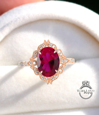 Oval Ruby Diamond Ring, Art Deco Ruby Floral Diamond Ring, Ruby Milgrain Ring vintage rose gold Engagement Ring promise anniversary ring