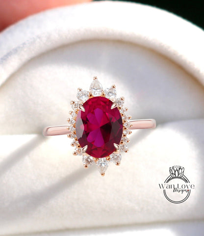 Halo Oval Ruby Engagement Ring, Halo Oval Moissanite Engagement Ring, Rose Gold Oval Cluster floral Ring, Anniversary Diamond Ring