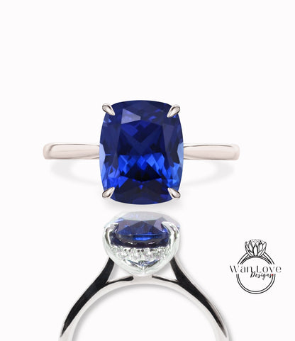 Art deco elongated cushion cut Blue Sapphire engagement ring rose gold ring diamond hidden side halo ring anniversary promise bridal ring