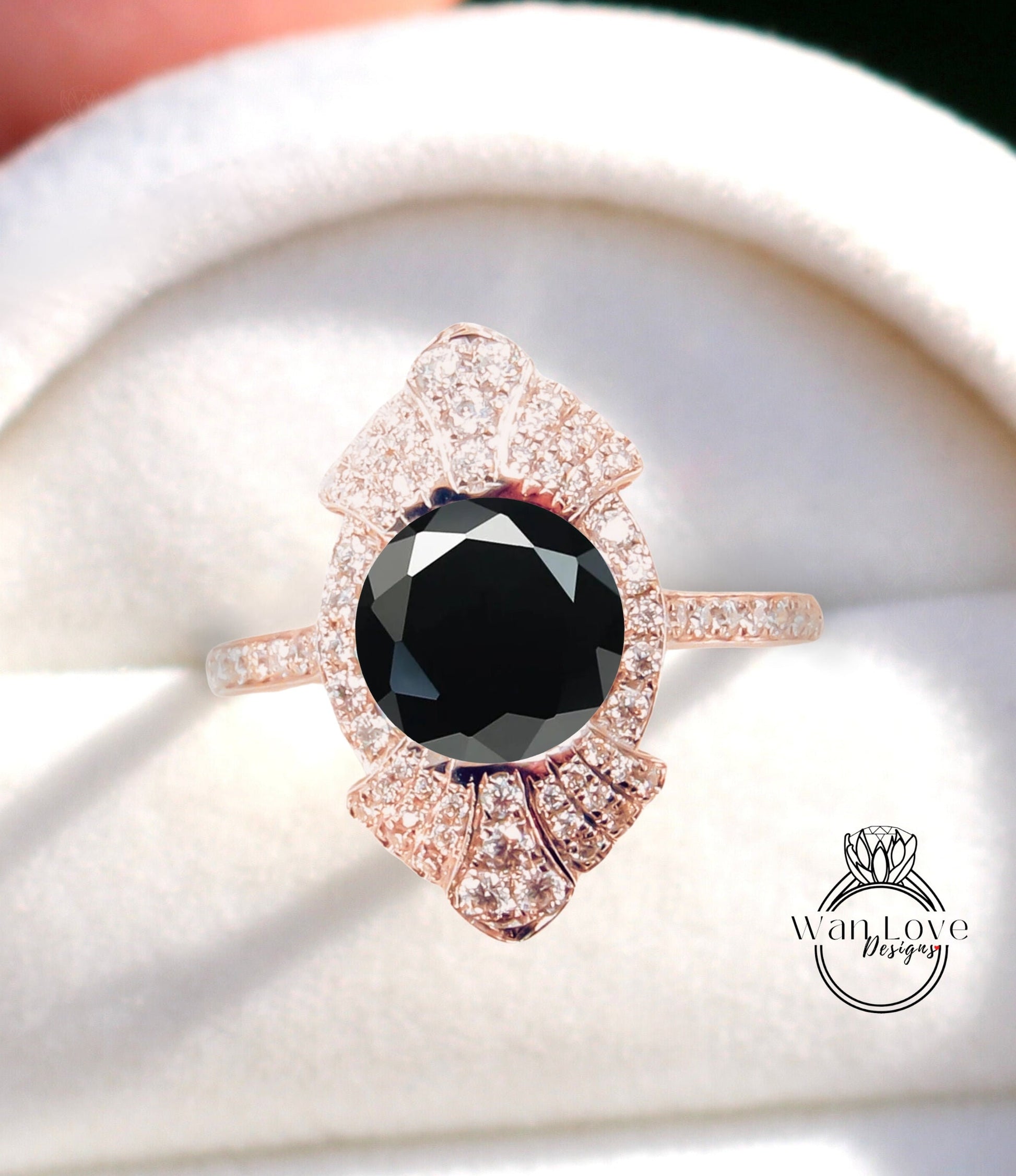 Art Deco Black Moissanite engagement ring Round Antique white gold diamond halo wedding ring Vintage Gatsby Bridal anniversary promise ring