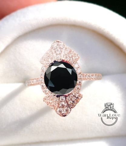 Art Deco Black Moissanite engagement ring Round Antique white gold diamond halo wedding ring Vintage Gatsby Bridal anniversary promise ring