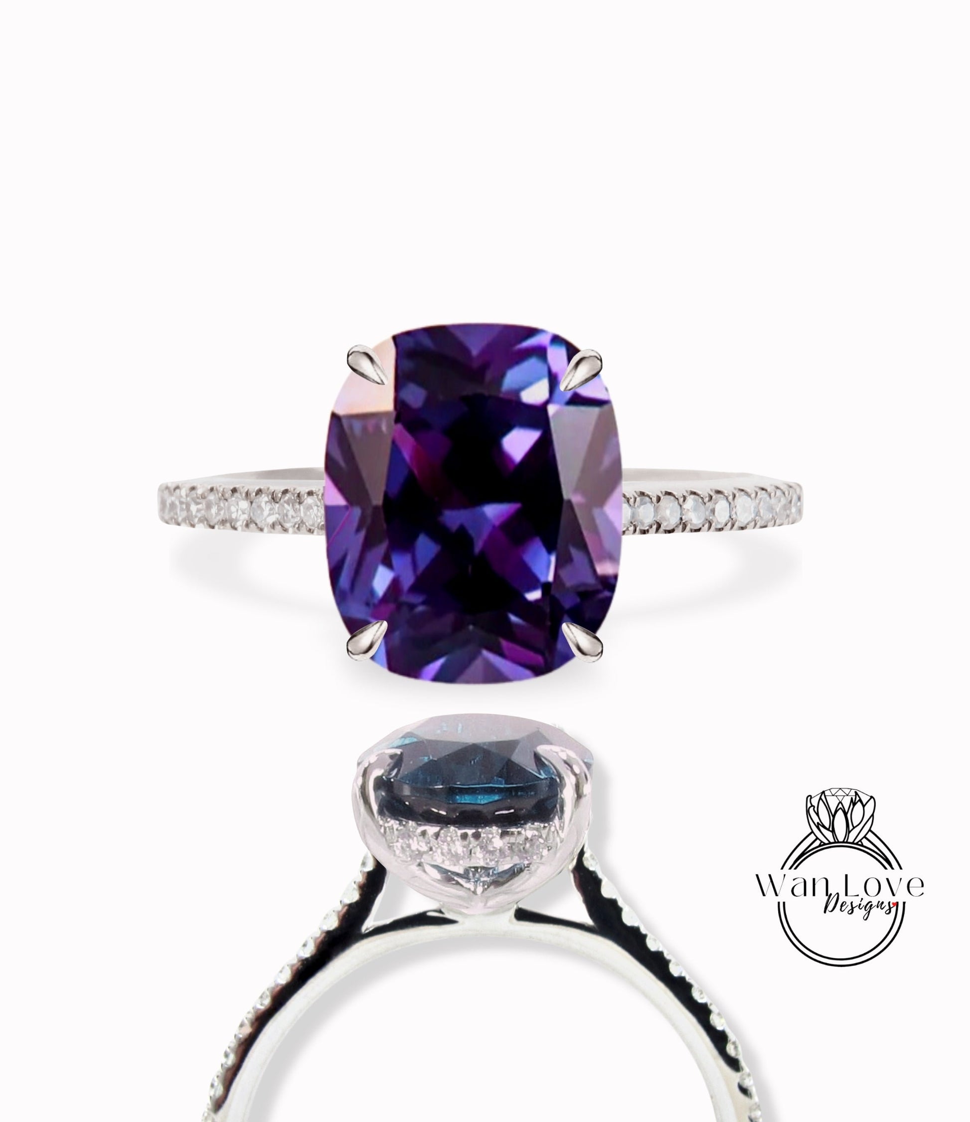 Vintage engagement ring Elongated Cushion cut Purple Sapphire Alexandrite Color hidden halo ring rose gold band bridal Promise Anniversary