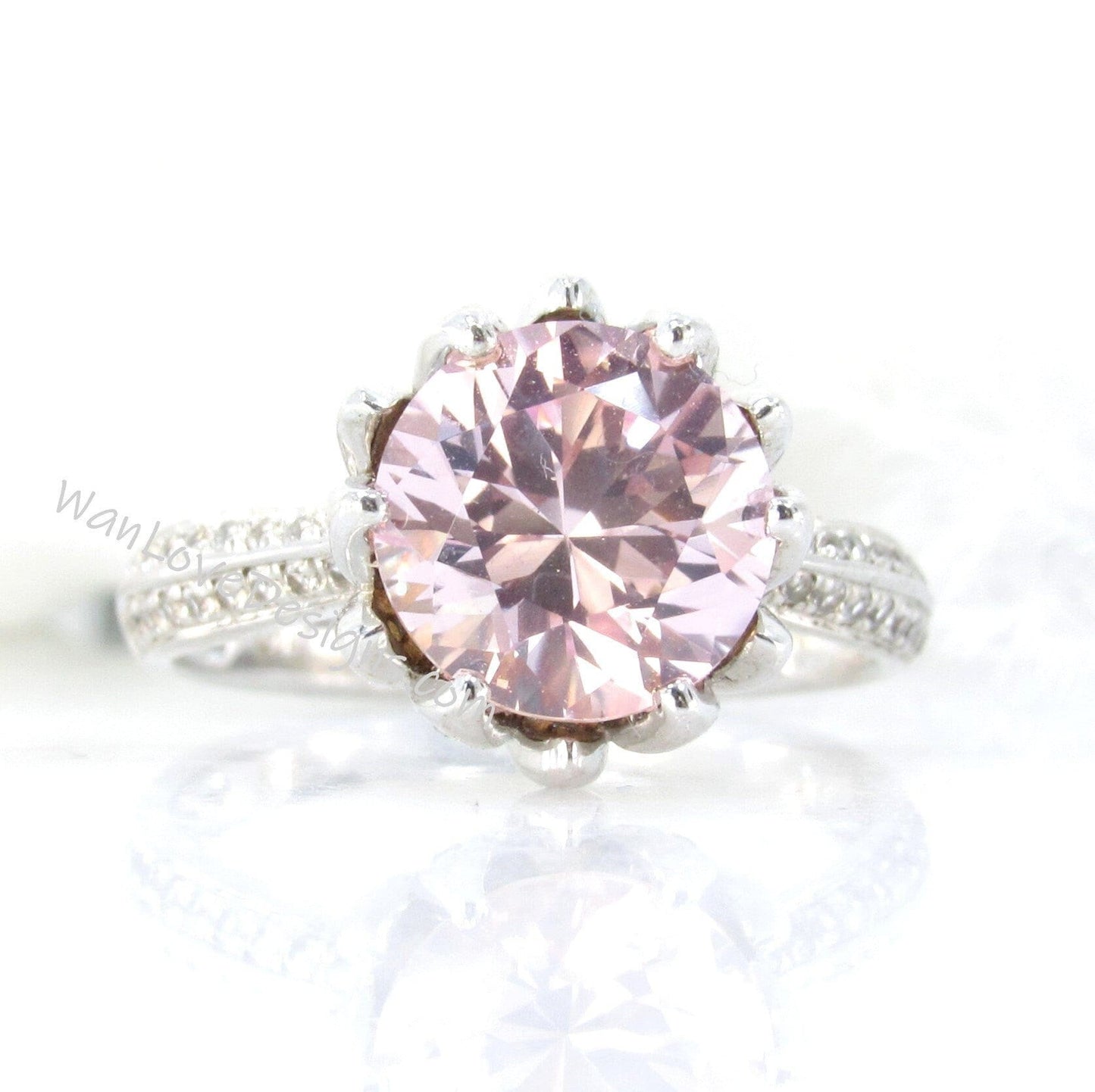 Lotus Flower Engagement Ring with 3 CT Blush Pink Peach Round Sapphire | Lotus Flower Ring | Unique Ring | Moissanite Ring | Ready to Ship Wan Love Designs