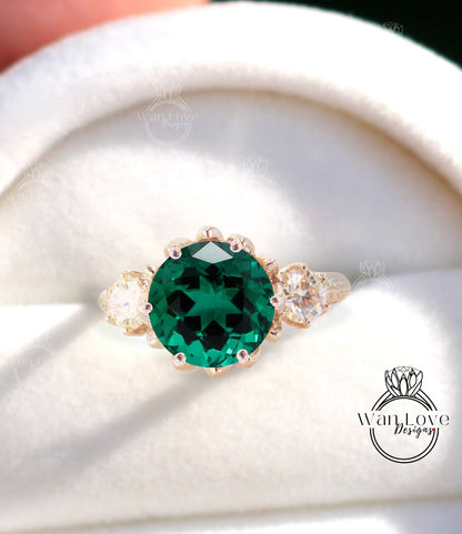 Green Emerald & Diamonds Lotus Flower 3 gemstone Engagement Ring, Round Flower Ring, Floral Rings, Wedding, Anniversary Gift