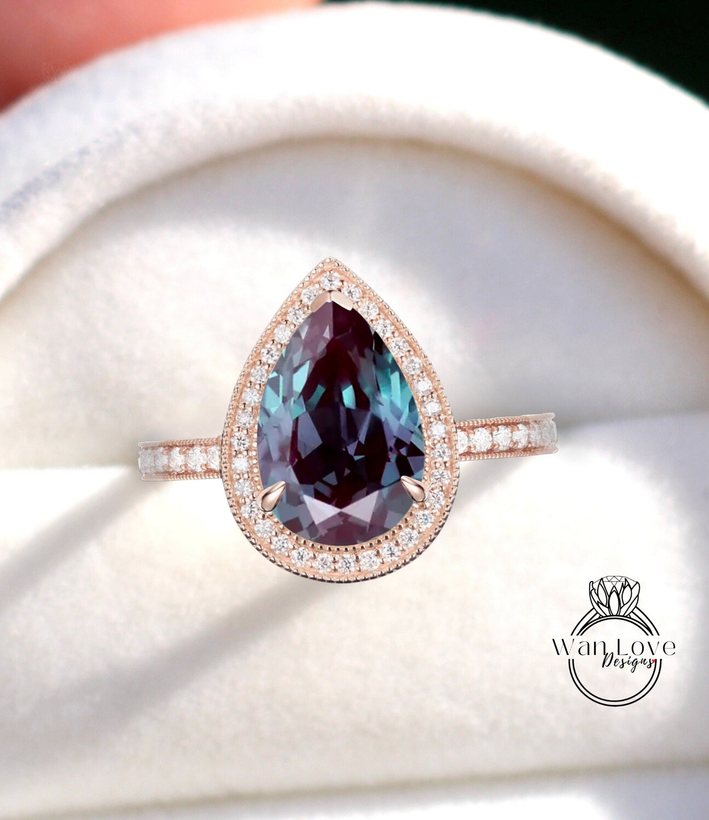 Vintage engagement ring Alexandrite ring rose gold Pear cut diamond ring milgrain halo art deco ring wedding Anniversary ring bridal ring